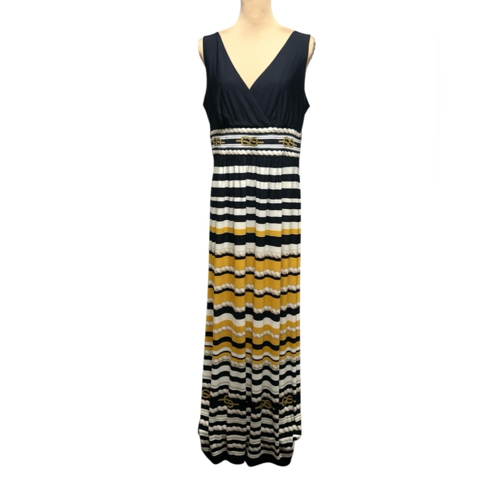 Boston Proper Nautical Rope Stripe Maxi Dress Navy Yellow White Sleeveless Sz 16 - Picture 2 of 14